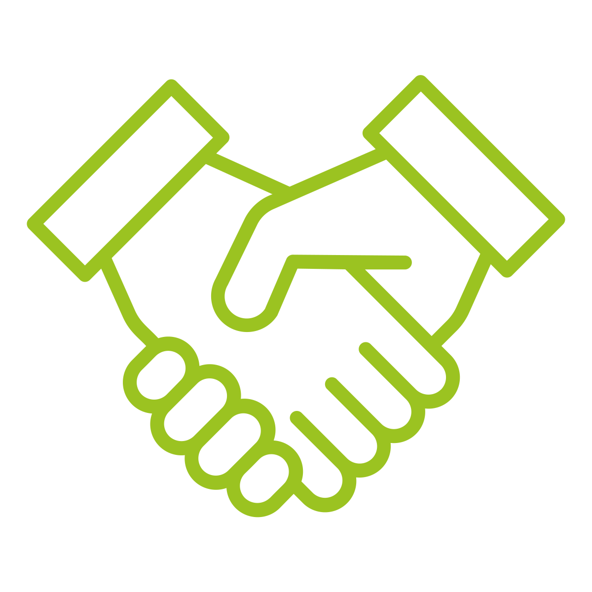 Ein grünes Handschlag-Symbol auf schwarzem Hintergrund symbolisiert den Kauf einer Solaranlage oder PV-Anlage.