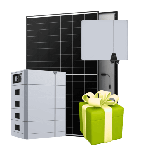 Ein Solarmodul, ein Batteriespeicher, ein Wechselrichter und ein grüner Geschenkkarton mit einer gelben Schleife.