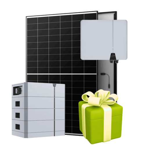 Solarmodul, Batteriespeicher, Wechselrichter und ein grüner Geschenkkarton mit gelber Schleife, gruppiert.