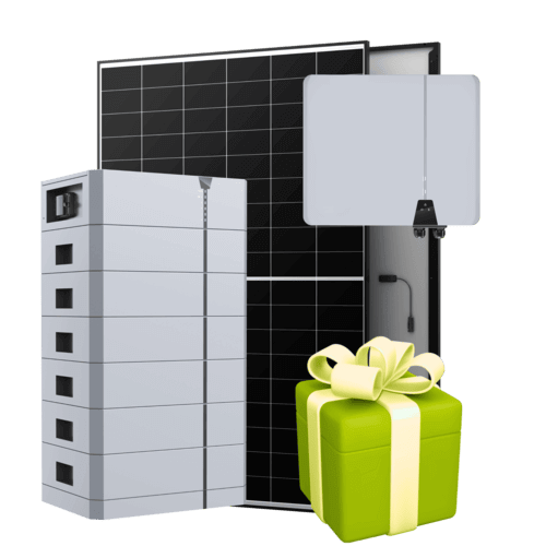 Gestapelte Batterien, zwei Solarzellen, eine Antenne und ein grüner Geschenkkarton mit gelber Schleife.