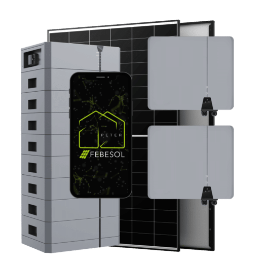 Solarbatteriesystem mit Solarmodulen und einem Smartphone mit dem FEBESOL-Logo.