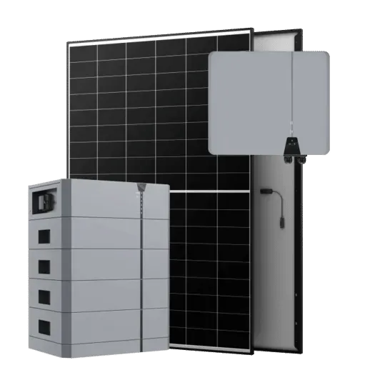 Solarpanel, Batteriespeicher und Wechselrichter vor transparentem Hintergrund dargestellt.