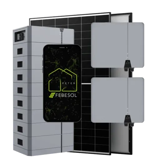 Solarbatteriesystem mit Smartphone-Anzeige und FEBESOL-App, ergänzt durch Solarmodule und Batteriespeichereinheiten.