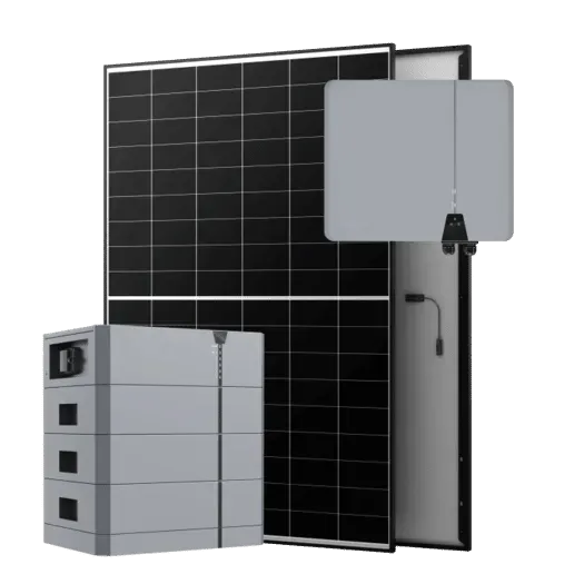 Solarpanel, Batteriespeicher und Wechselrichter vor weißem Hintergrund.