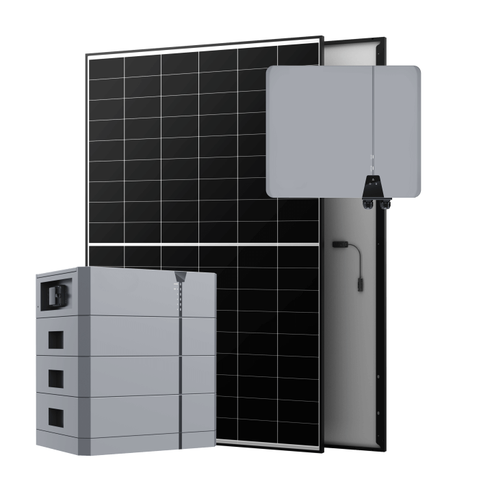 Solarmodul, Wechselrichter und Batteriespeicher gemeinsam dargestellt.