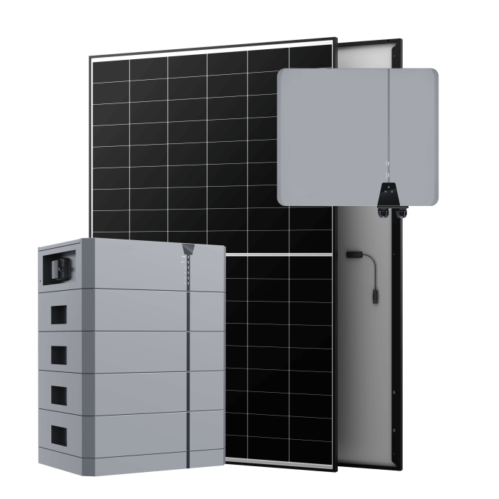 Kombination aus Solarmodul, Batteriestapel und Wechselrichter zur Energiespeicherung im Haushalt und zur Erzeugung von Solarenergie.