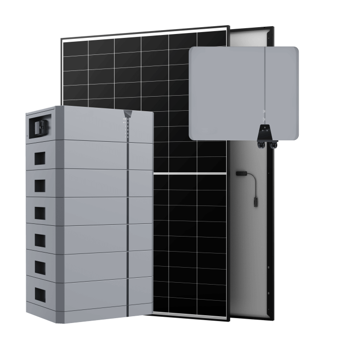 Solarpanel und grauer Batteriespeicher, von vorne und von der Seite betrachtet.