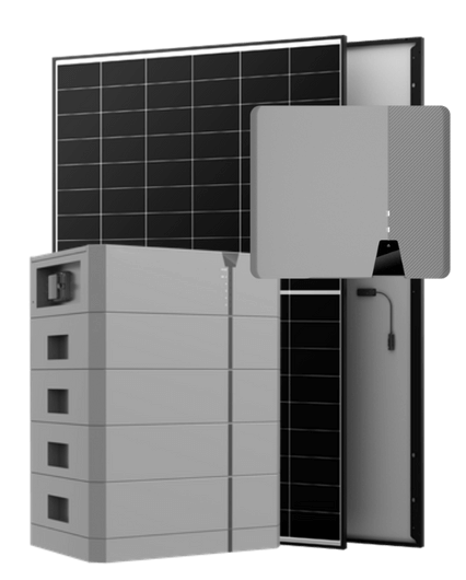 Ein Solarpanelsystem mit einem Satz gestapelter Batterien, einem großen Solarpanel und einer Detailansicht der Verbindungskomponenten auf der Rückseite des Panels.