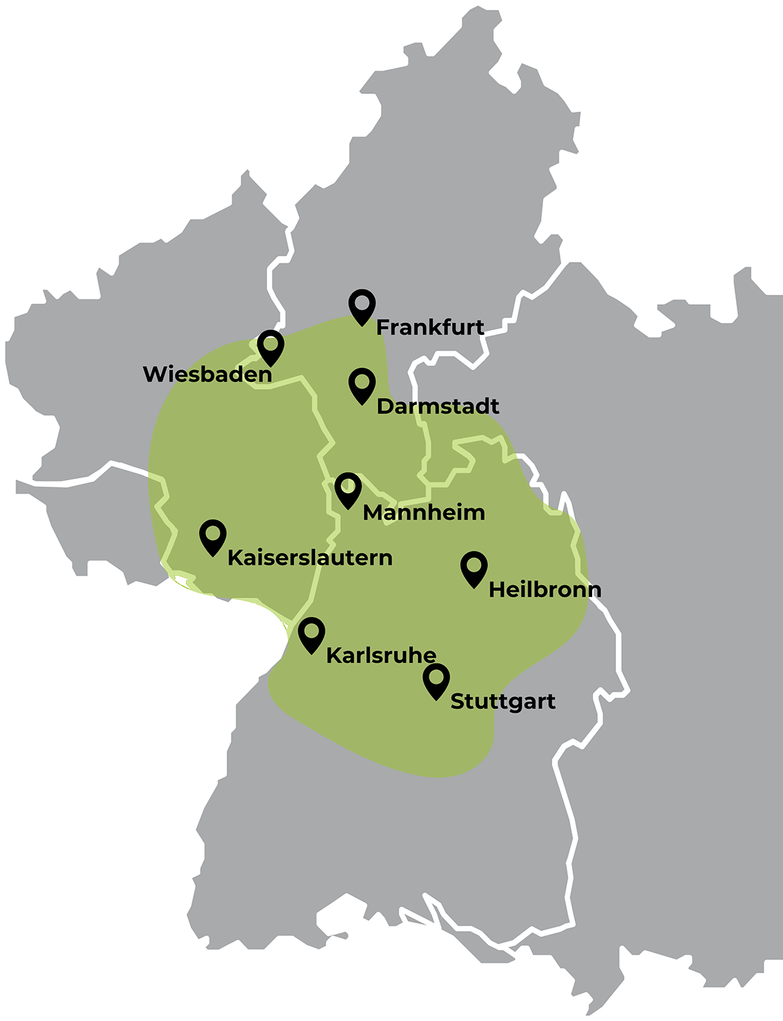 Eine Karte, die Städte wie Frankfurt, Darmstadt, Mannheim, Wiesbaden, Kaiserslautern, Karlsruhe, Stuttgart und Heilbronn in einem grün schattierten Bereich innerhalb einer größeren grauen Region hervorhebt.