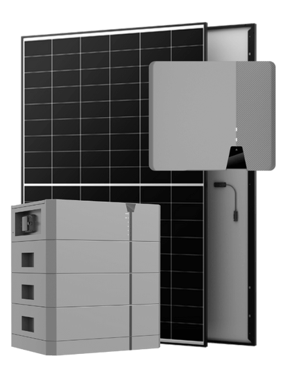 Ein Satz Solarstromgeräte, darunter ein Solarpanel, ein Wechselrichter und ein grauer Batteriespeicher mit mehreren stapelbaren Modulen.