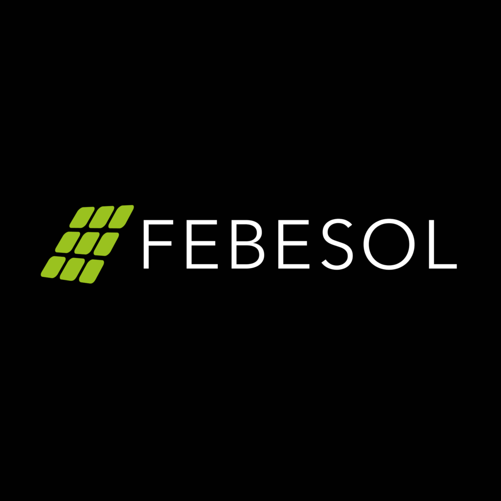 Logo mit grünem Quadratmuster und dem Wort „FEBESOL“ auf schwarzem Hintergrund.