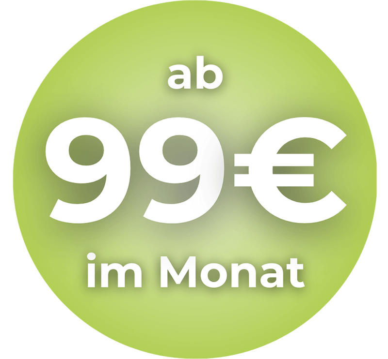 Grüner Kreis mit weißem Text: „ab 99 € im Monat“ bedeutet einen monatlichen Preis ab 99 Euro.