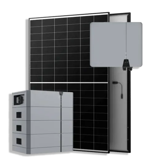 Solarpanel, Wechselrichter und Batteriespeichersystem auf weißem Hintergrund.