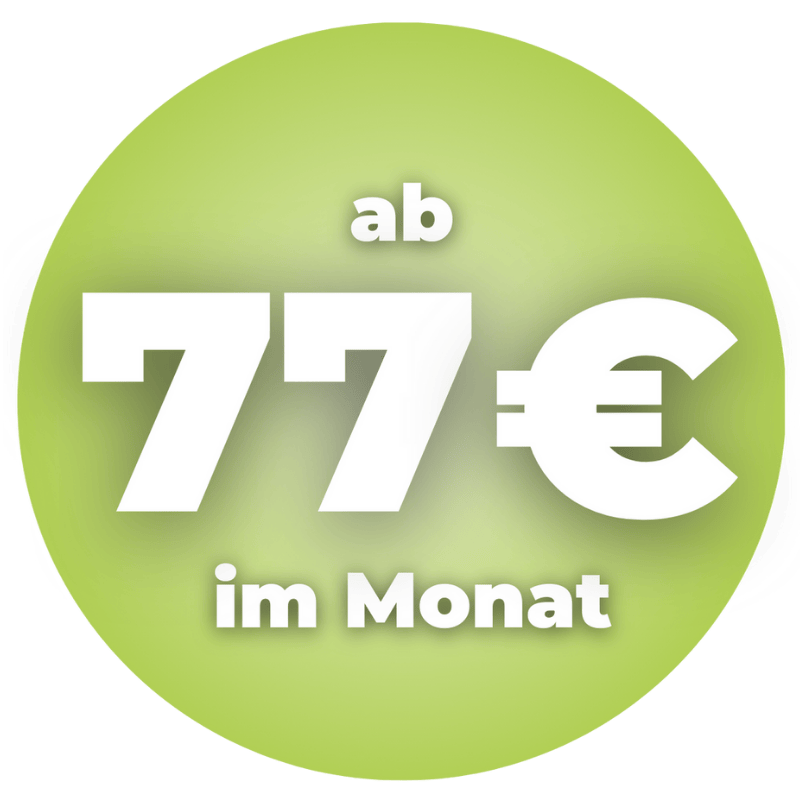Grüner Kreis mit weißer Schrift: "ab 77 € im Monat" (ab 77 Euro pro Monat).