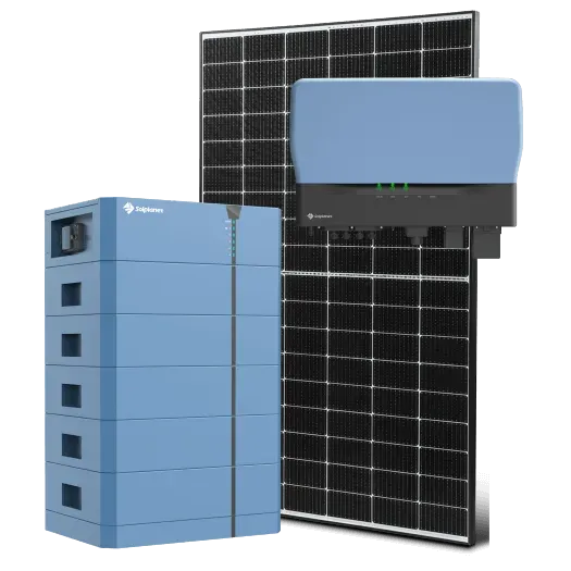 Eine blaue Solarbatterie, ein Wechselrichter und ein Solarmodul werden nebeneinander auf einem weißen Hintergrund dargestellt.