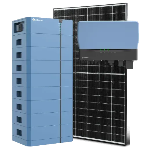 Blauer Batteriestapel, Solarwechselrichter und Solarmodul vor einem transparenten Hintergrund.