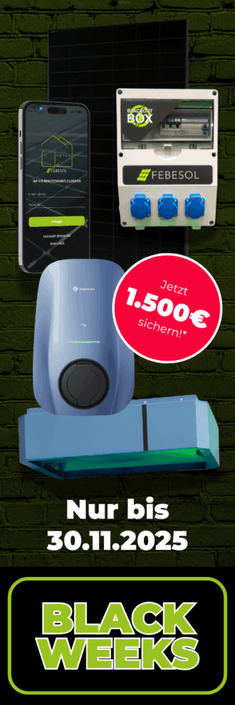 Werbung für Febesol-Solartechnik mit verschiedenen Geräten und einem Sparangebot von 1.500 € bis zum 30.11.2025.