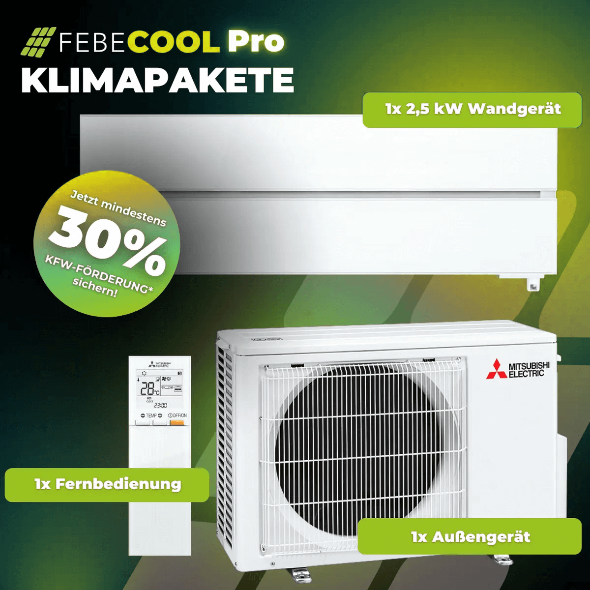 Geteiltes Bild, das ein wandmontiertes Klimagerät, eine Fernbedienung und ein Außengerät mit einem Werbetext für 30 % Subvention zeigt.