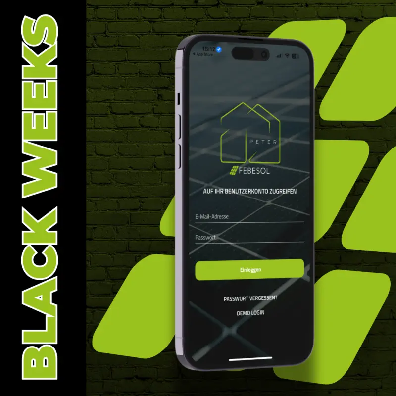 Ein Smartphone zeigt den FEBESOL-Anmeldebildschirm mit dem Text "BLACK WEEKS" auf einem grünen und schwarzen Hintergrund.