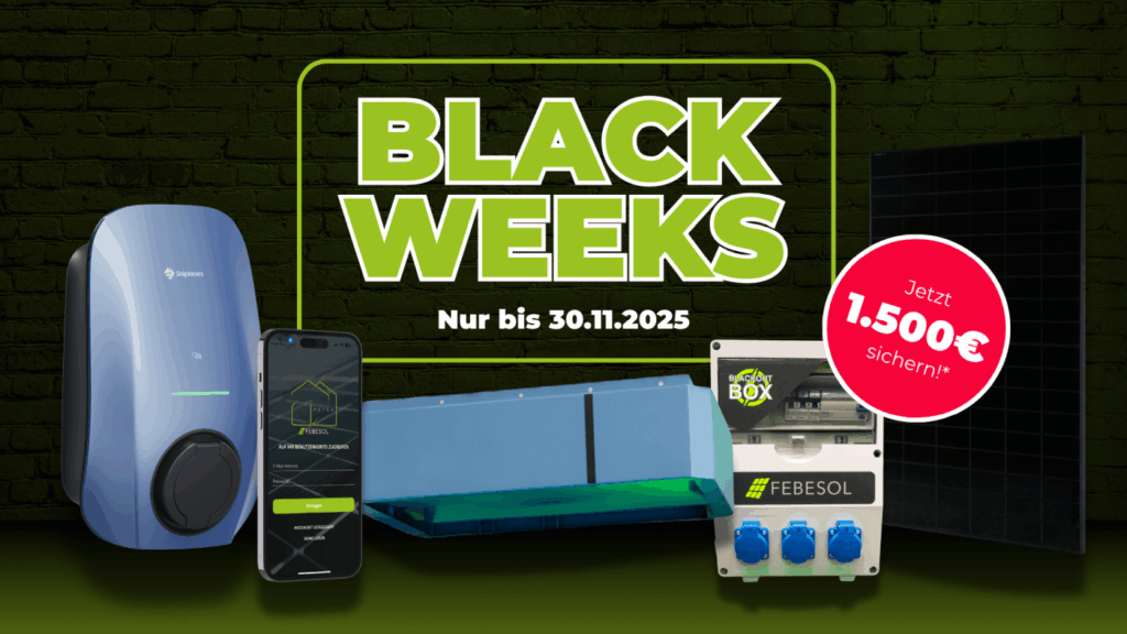 Schwarze-Wochen-Aktion mit verschiedenen Energieprodukten und einem Sparangebot von 1.500 €, gültig bis 30.11.2025.